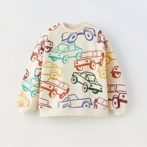 Zara Kids Cream Sweatshirt with Colorful Car Print Size 4/5